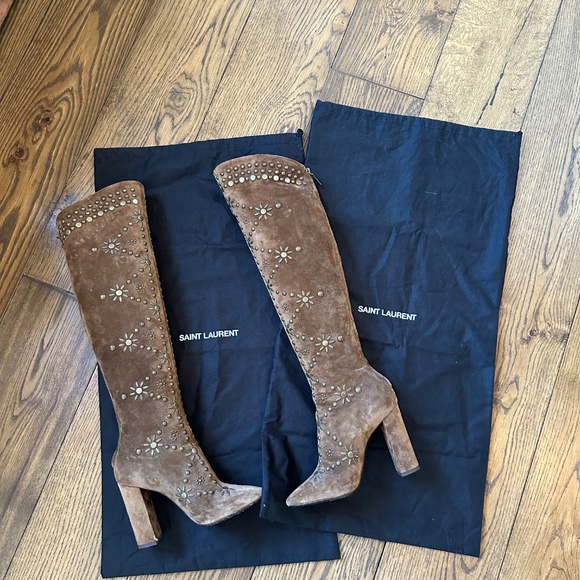 AUTHENTIC Saint Laurent *Ella* Studded Brown Suede Knee Boots IT 37/US 7 - Picture 13 of 16